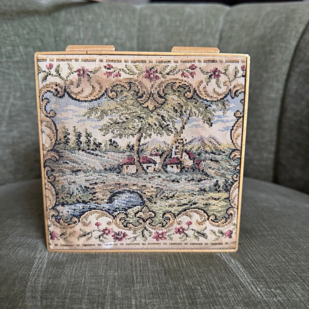 Vintage Tapestry Music Jewelry Box Gold Tone Floral Landscape Velvet Works